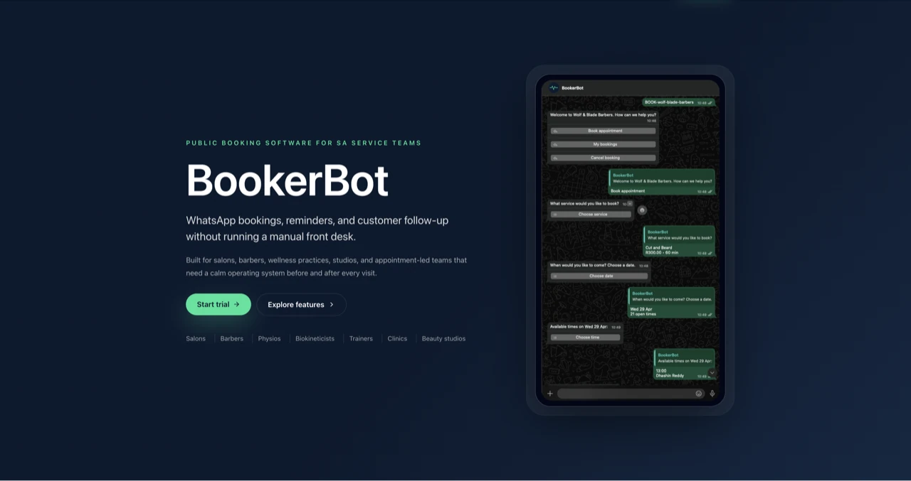 BookerBot landing page with a phone showing a WhatsApp booking conversation from greeting through to time selection