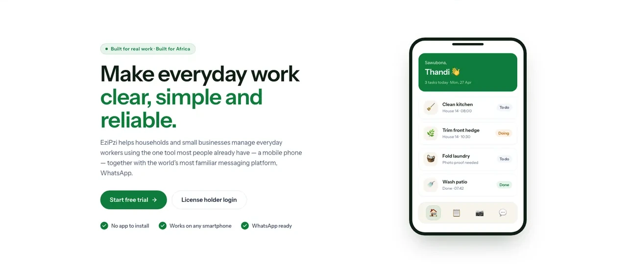 EziPzi task board showing daily jobs with photo proof and progress states