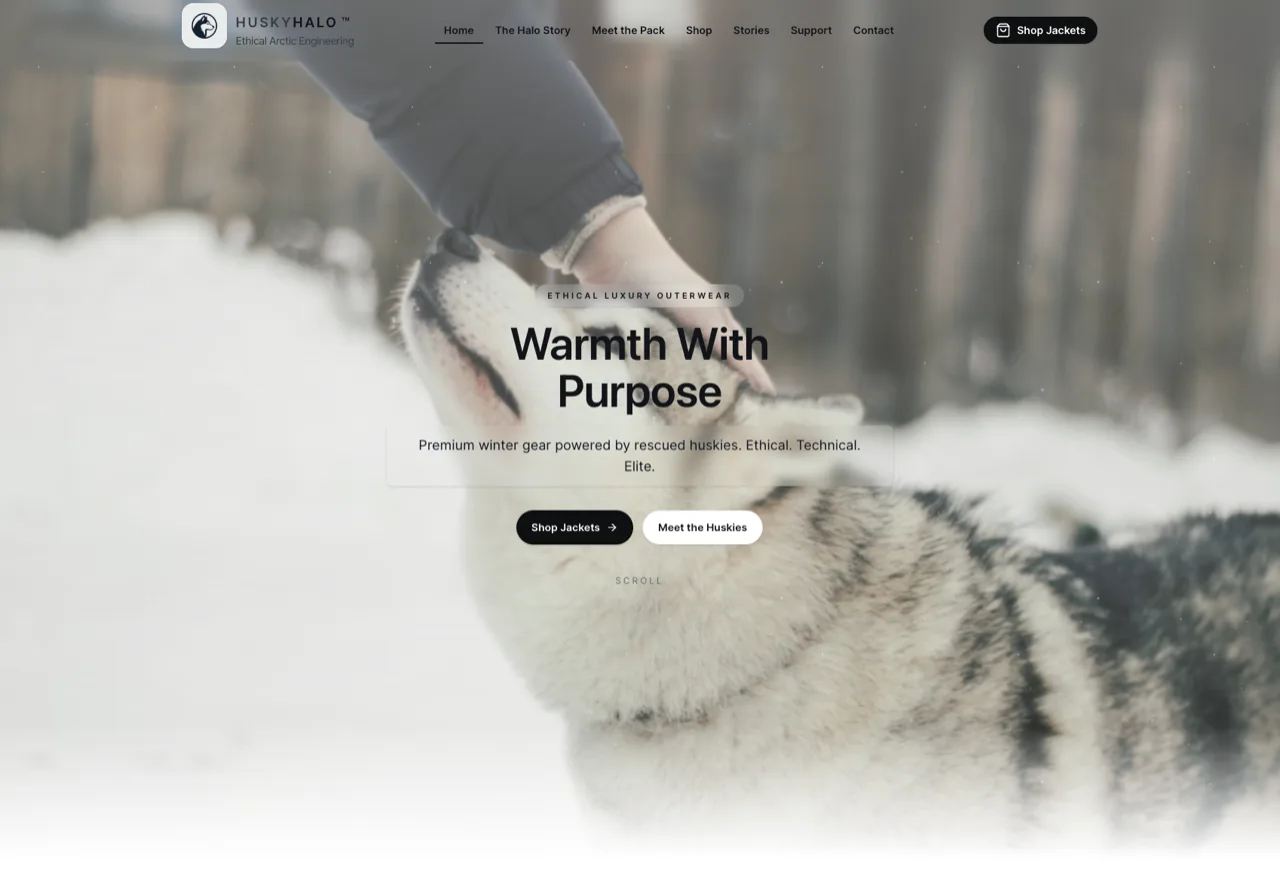 HuskyHalo storefront homepage showing the brand identity and product photography