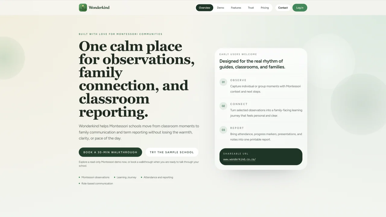 Wonderkind landing page showing the Montessori observation, family connection, and classroom reporting overview